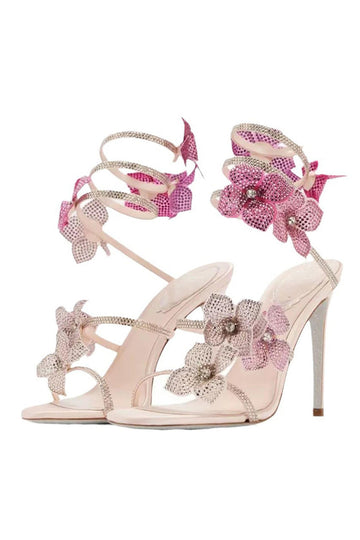 Sparkly Pink Beaded Strappy Stiletto Heel Sandals with 3D Flowers